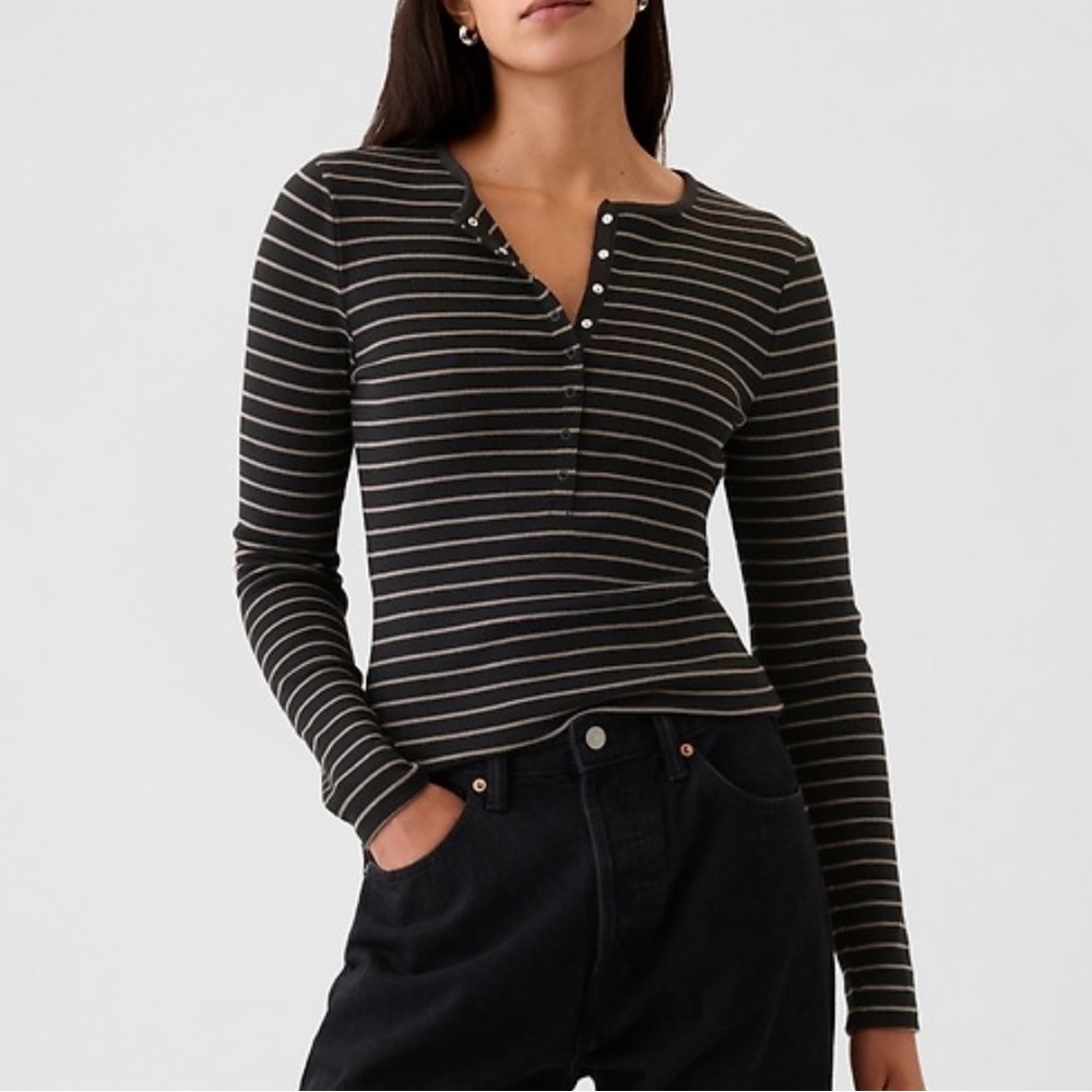 Striped Black and Tan Long Sleeve Henley Top